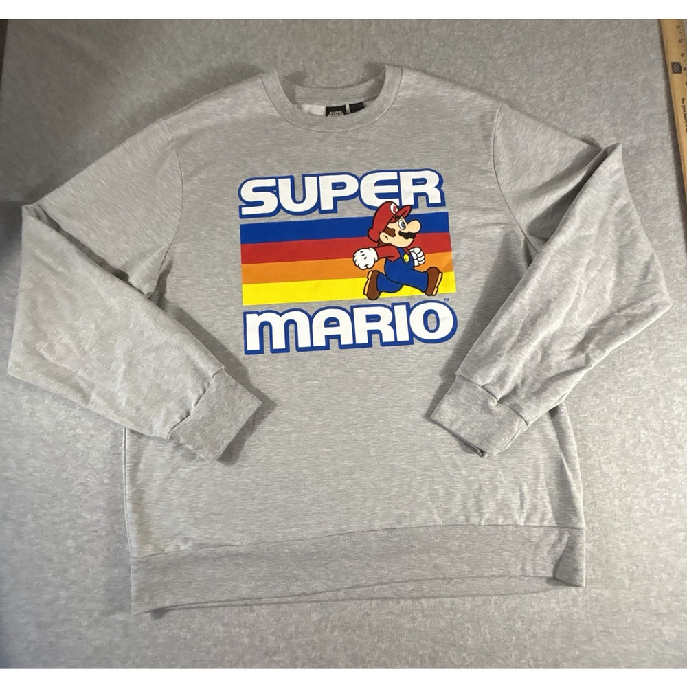 Super Mario Crewneck Sweatshirt Adult XXL Gray Nintendo Rainbow Graphic